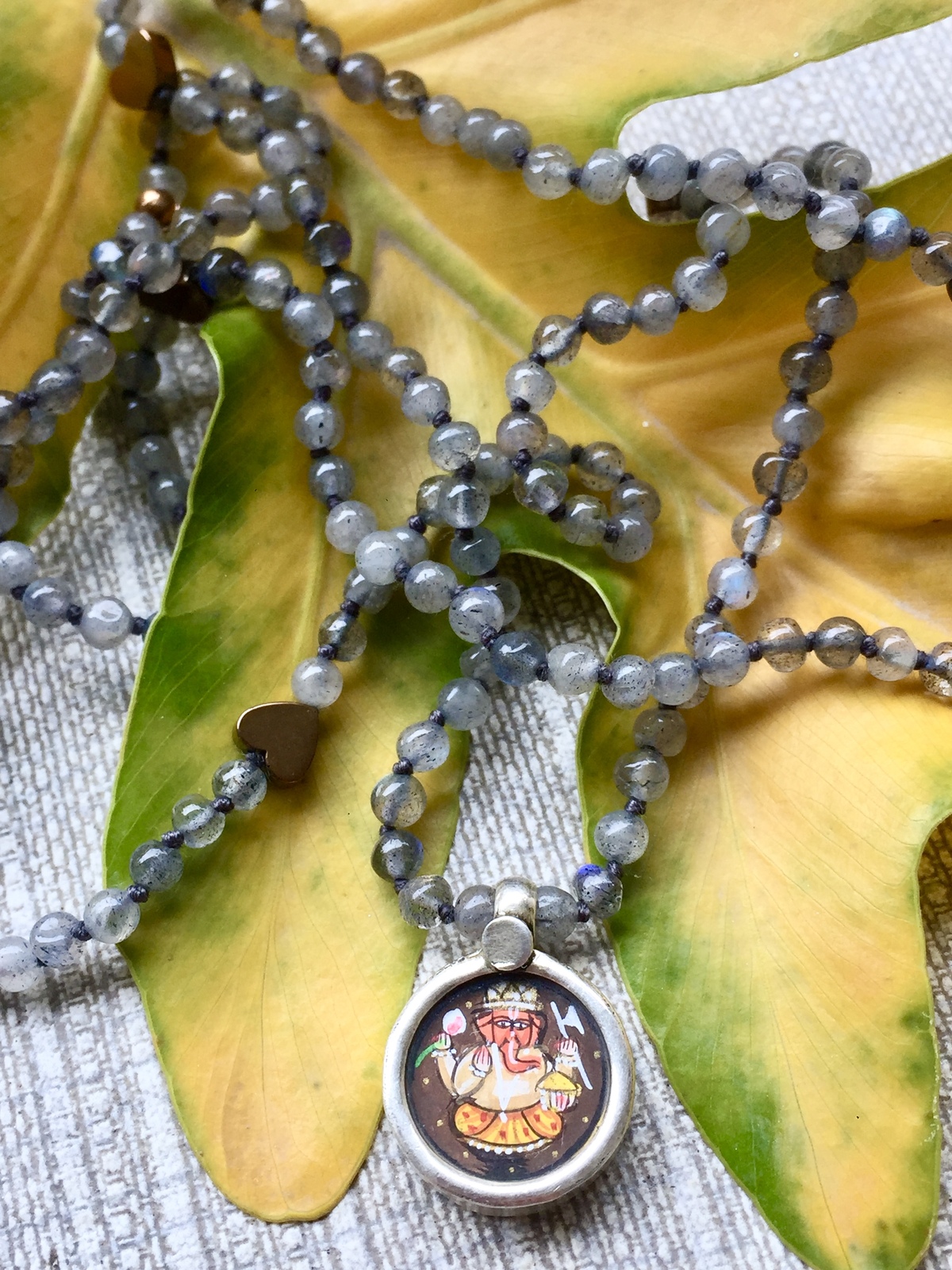 hand-painted sweet ganesh miniature silver pendant with labradorite necklace