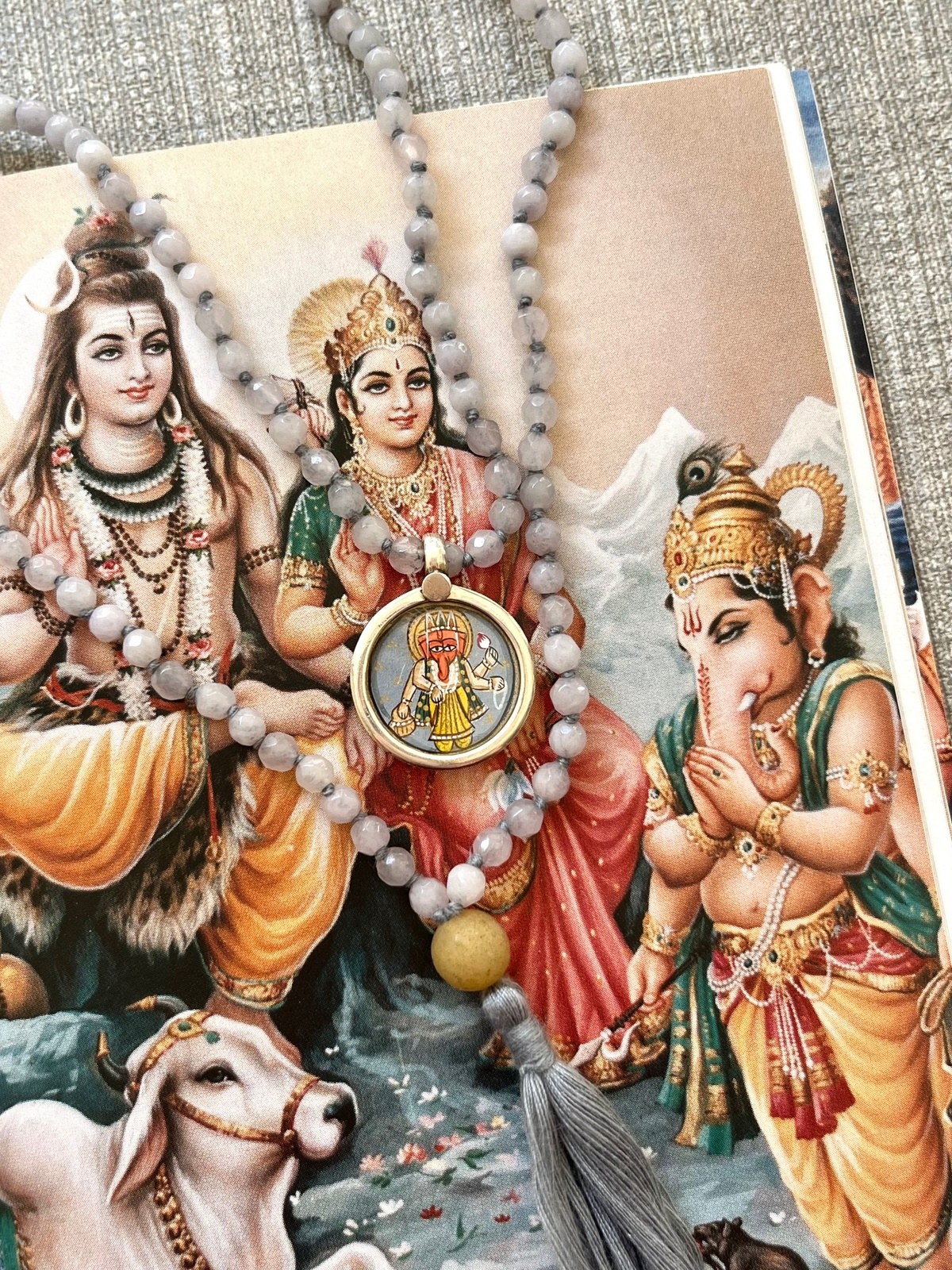 hand-painted small ganesh miniature silver pendant with grey agate double mala