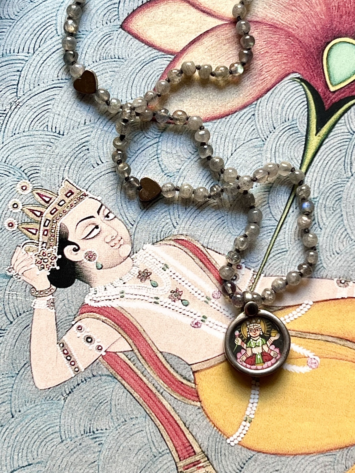 hand-painted sweet laxmi miniature silver pendant with labradorite necklace
