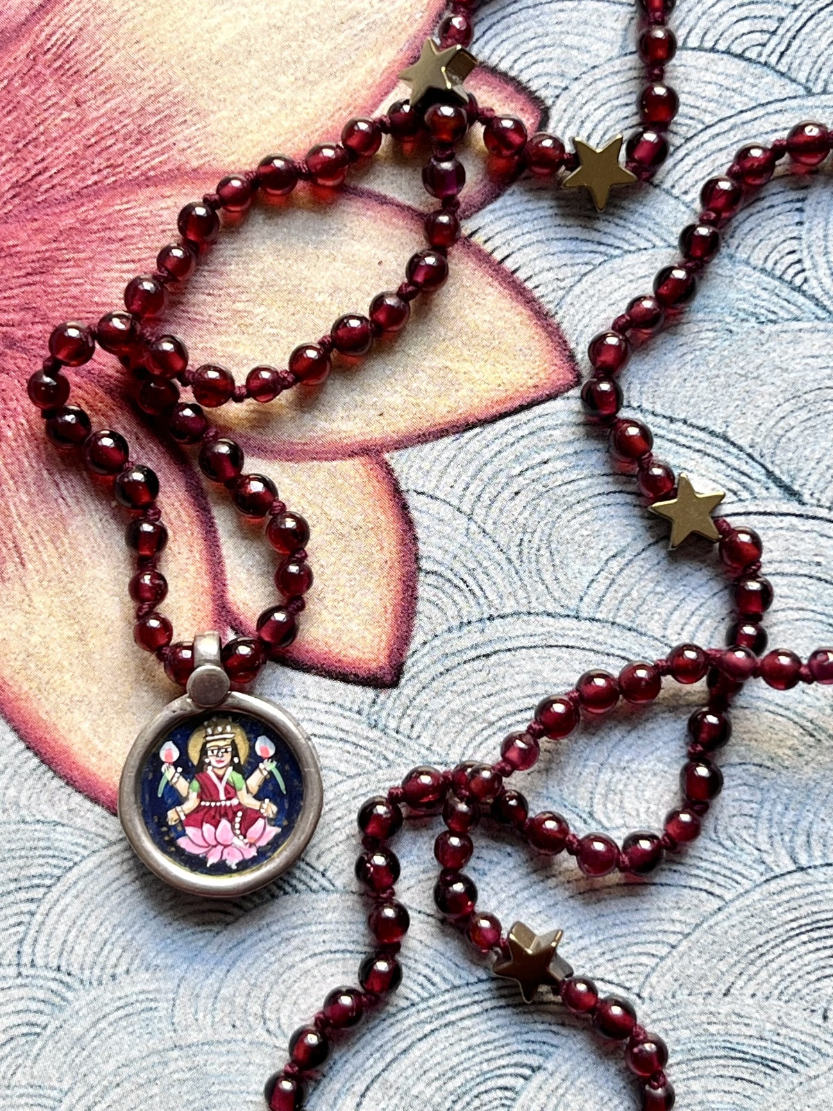 hand-painted sweet laxmi miniature silver pendant with garnet necklace