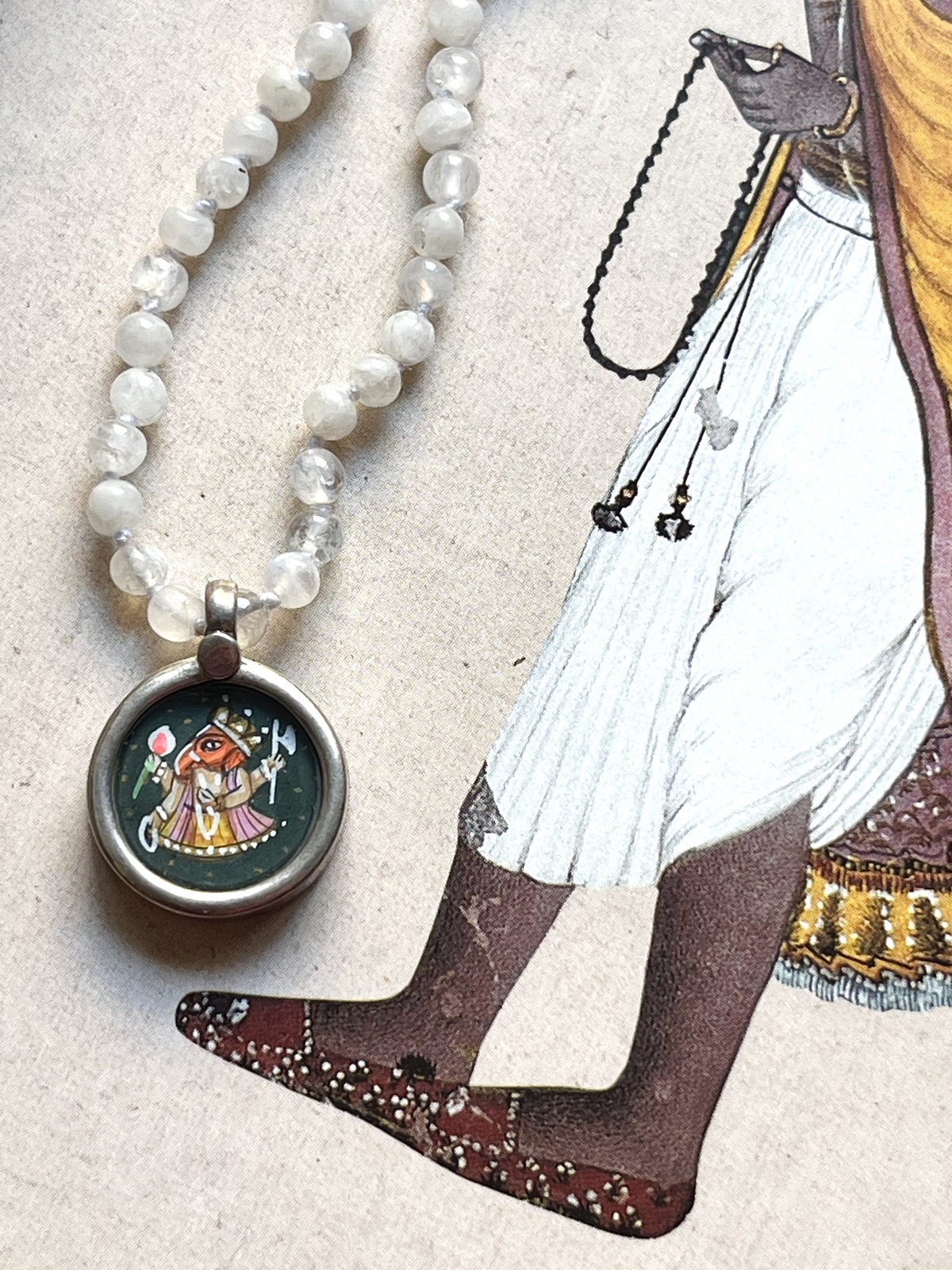 hand-painted sweet ganesh miniature silver pendant with moonstone necklace