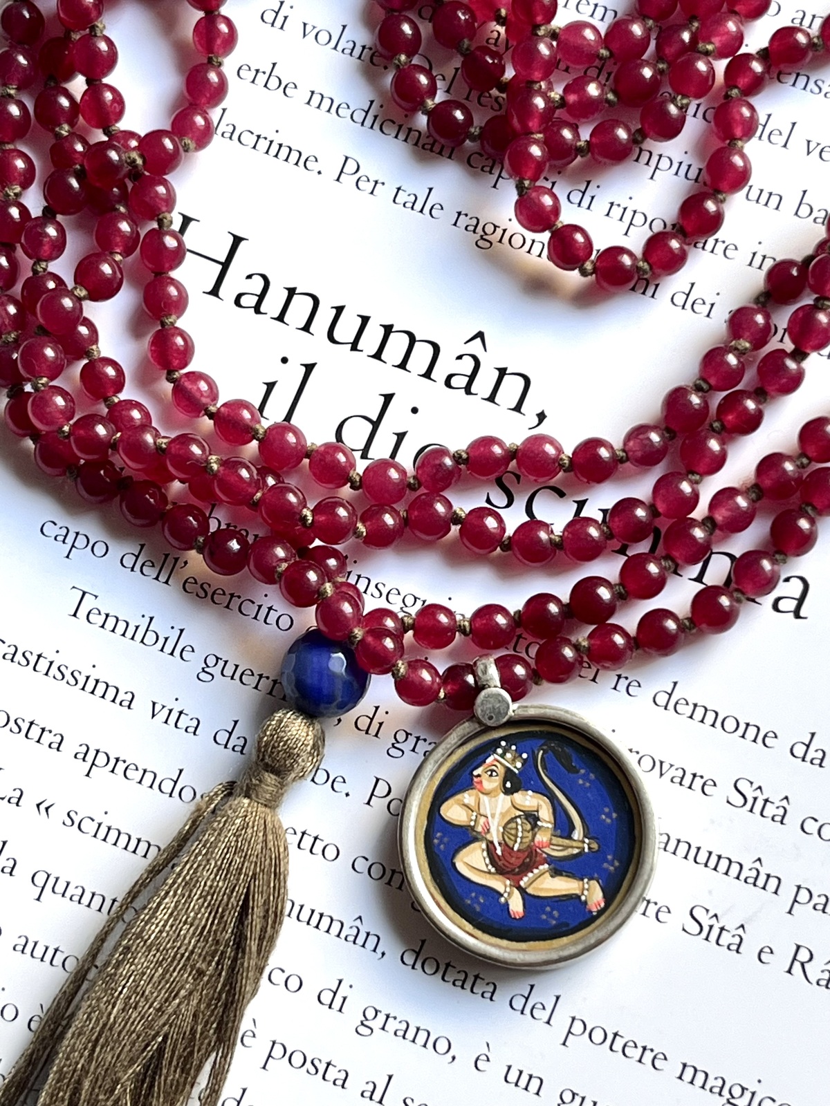 hand-painted medium hanuman miniature silver pendant with pink agate double mala