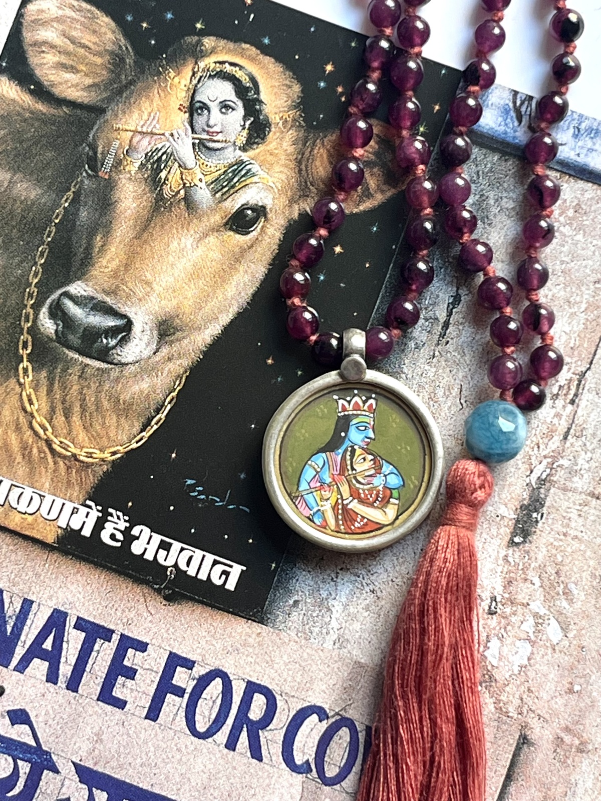hand-painted medium radha and krishna miniature silver pendant with purple agate double mala