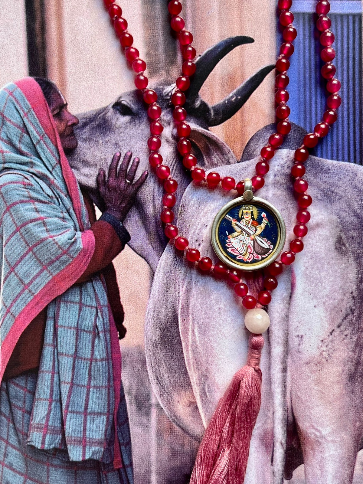 hand-painted medium sarasvati miniature silver pendant with pink agate double mala