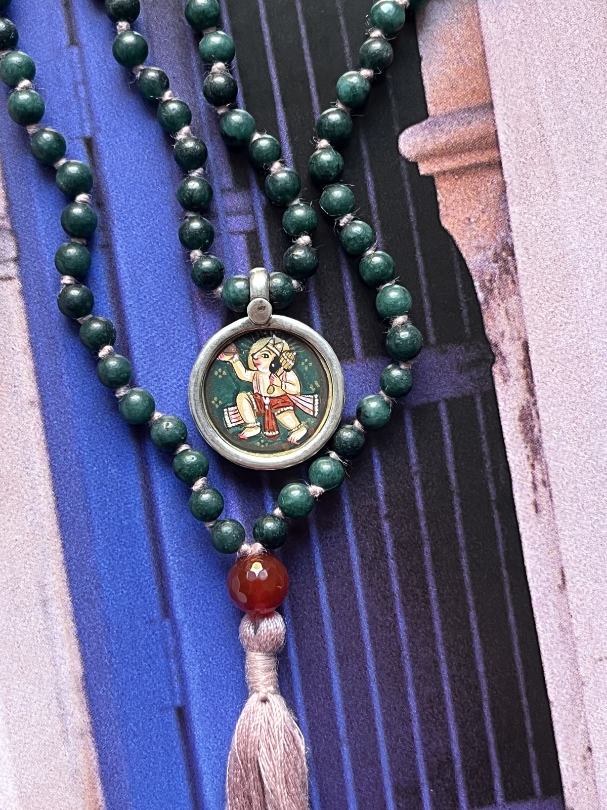 hand-painted small hanuman miniature silver pendant with green agate double mala