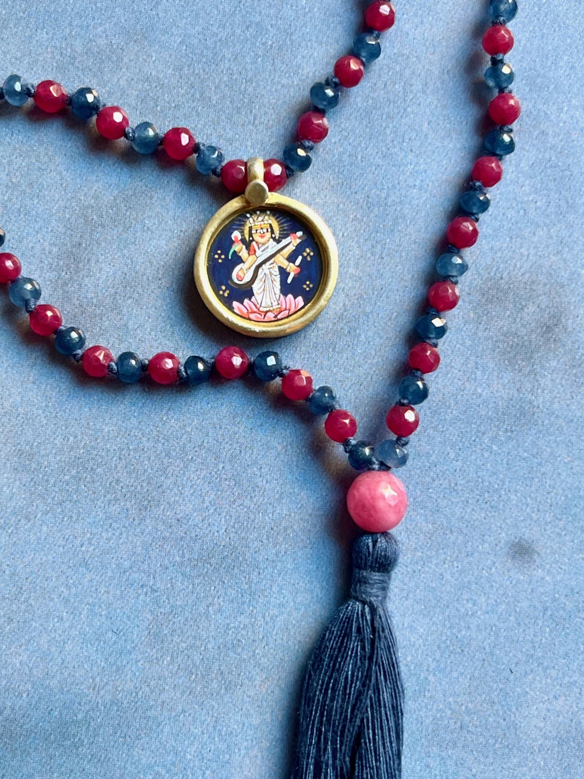 hand-painted small sarasvati miniature silver pendant with blue and ruby agate double mala