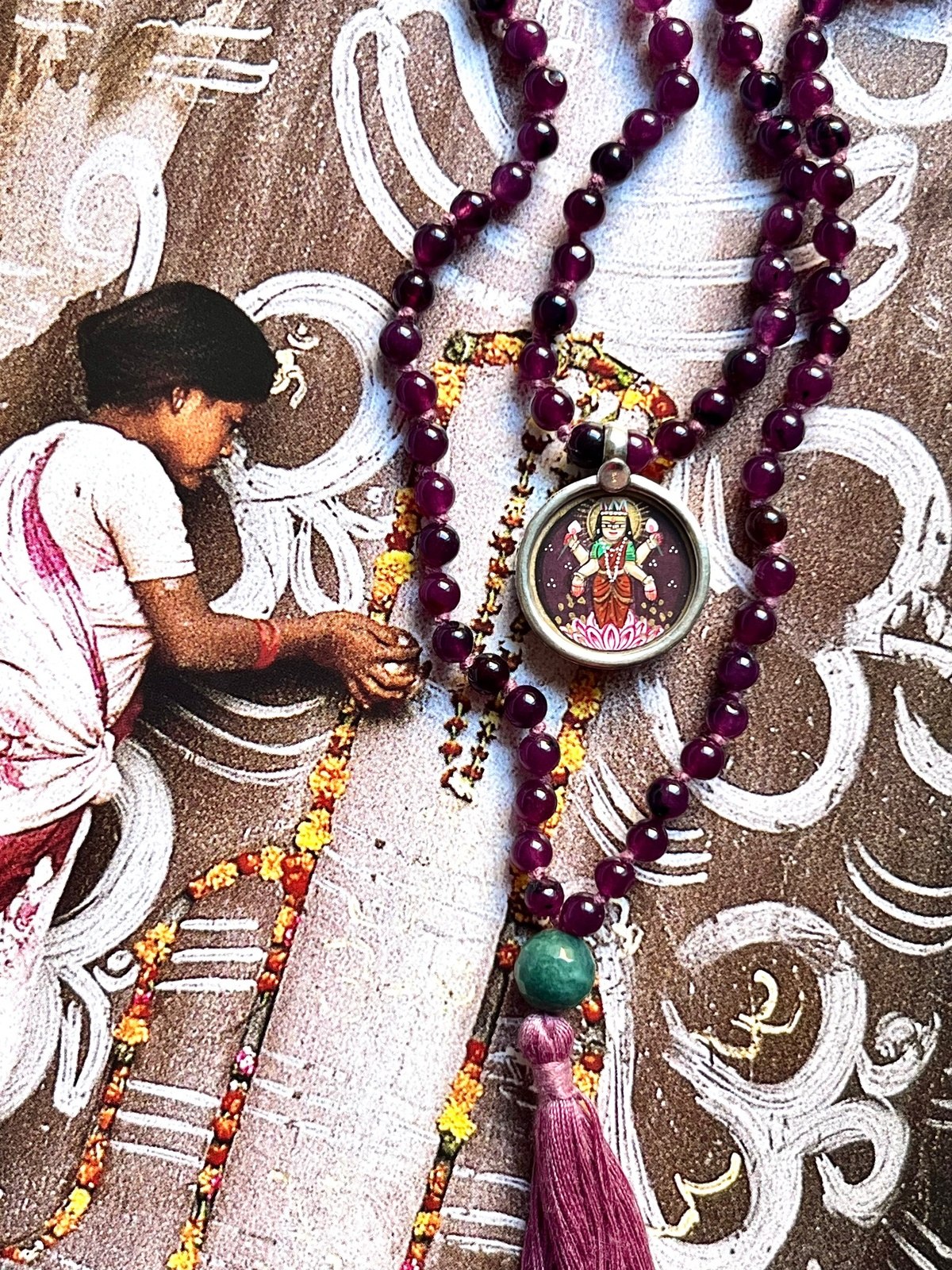hand-painted small laxmi miniature silver pendant with purple agate double mala