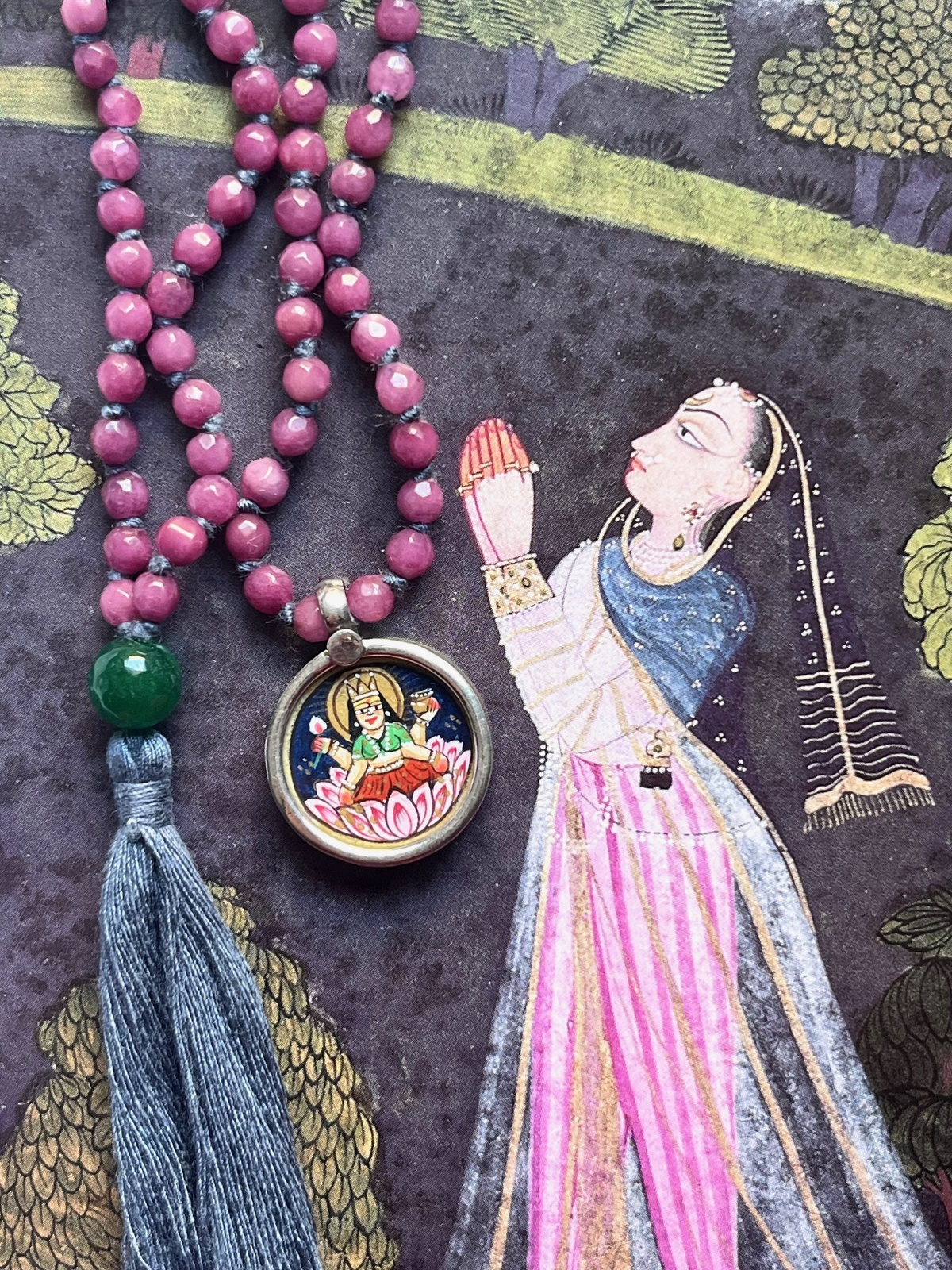 hand-painted small laxmi miniature silver pendant with pink agate double mala