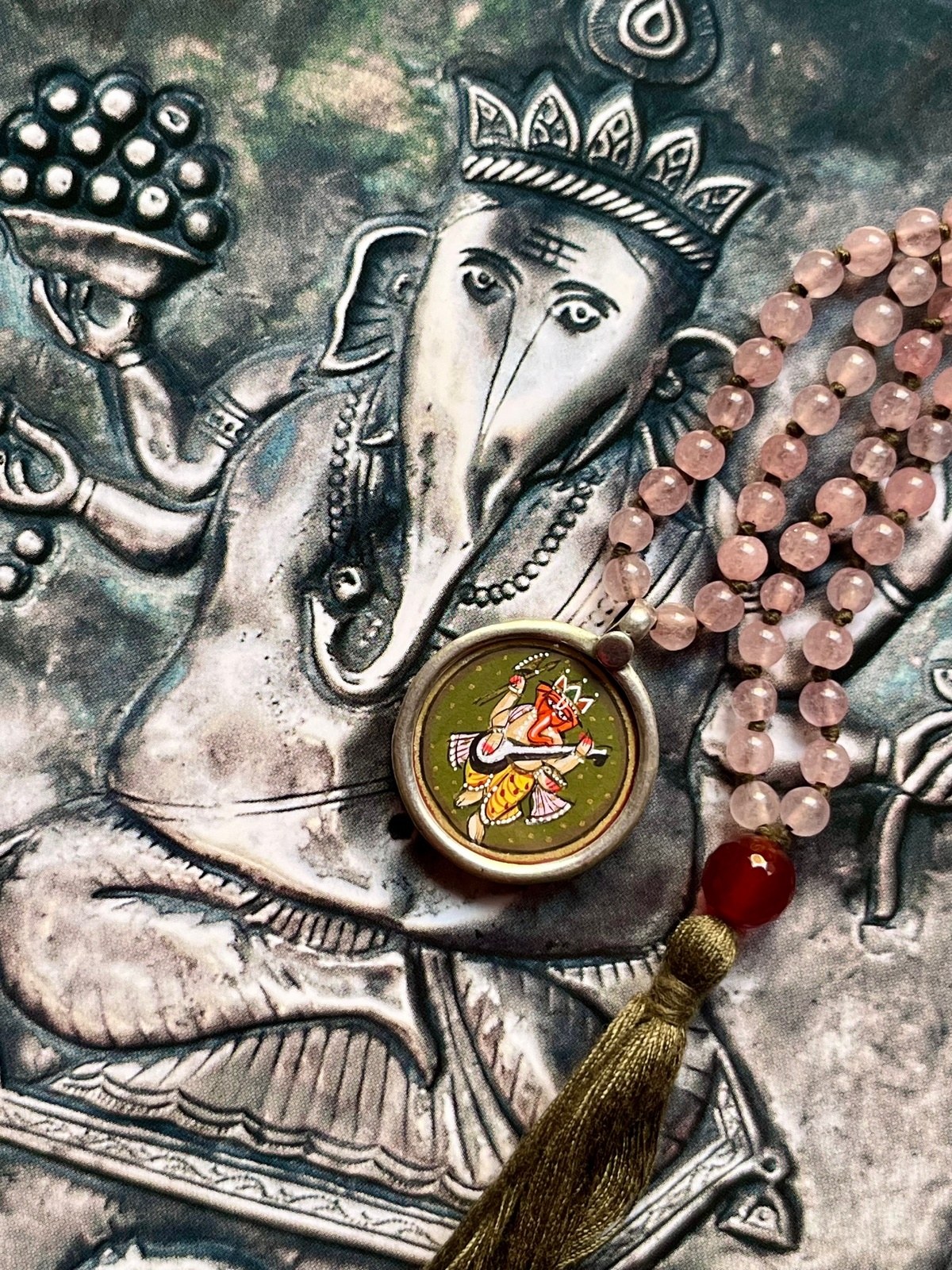 Hand-painted Ganesh silver miniature pendant with rose quartz double mala necklace