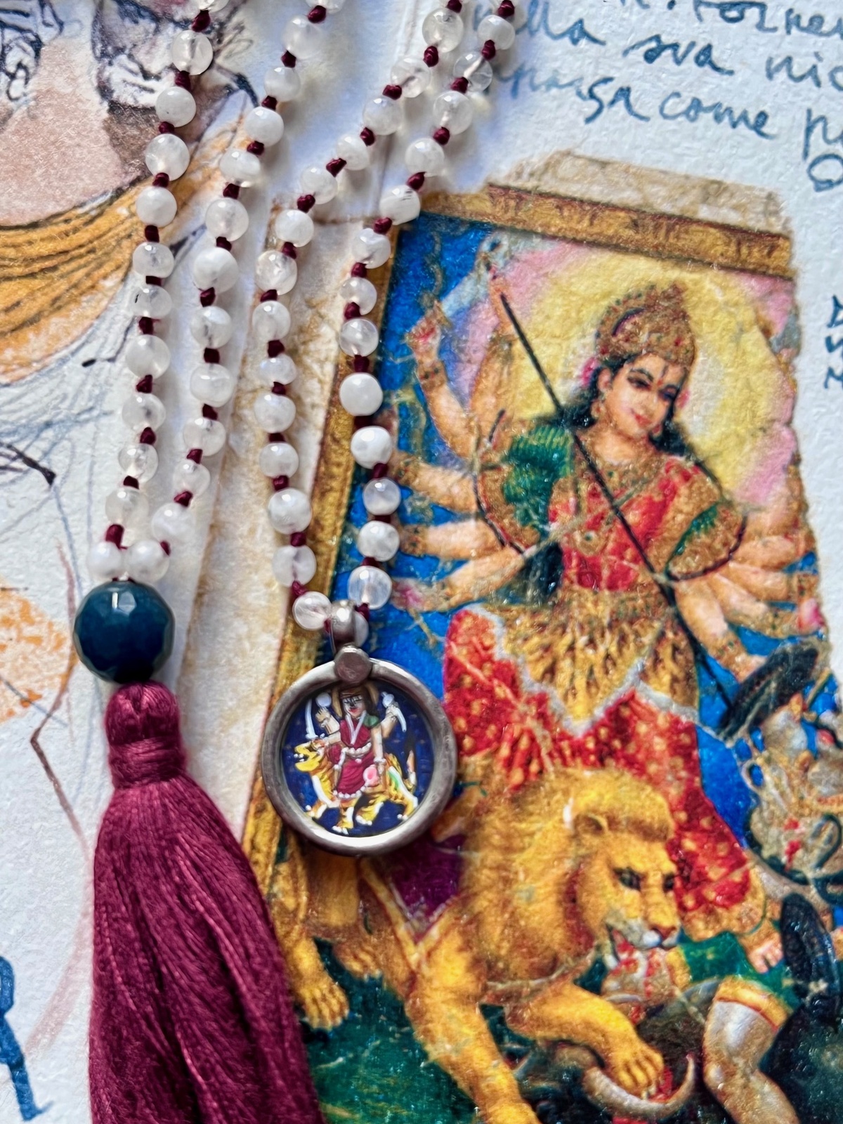hand-painted tiny durga miniature silver pendant with moonstone and maroon tassel double mala