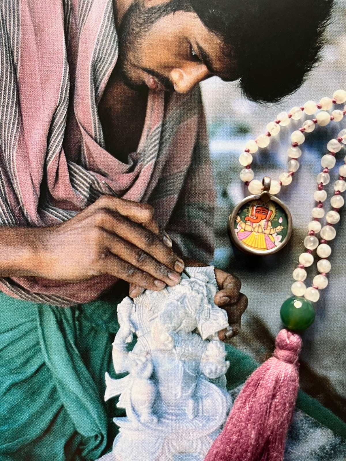 hand-painted tiny ganesh miniature silver pendant with moonstone and pink tassel double mala