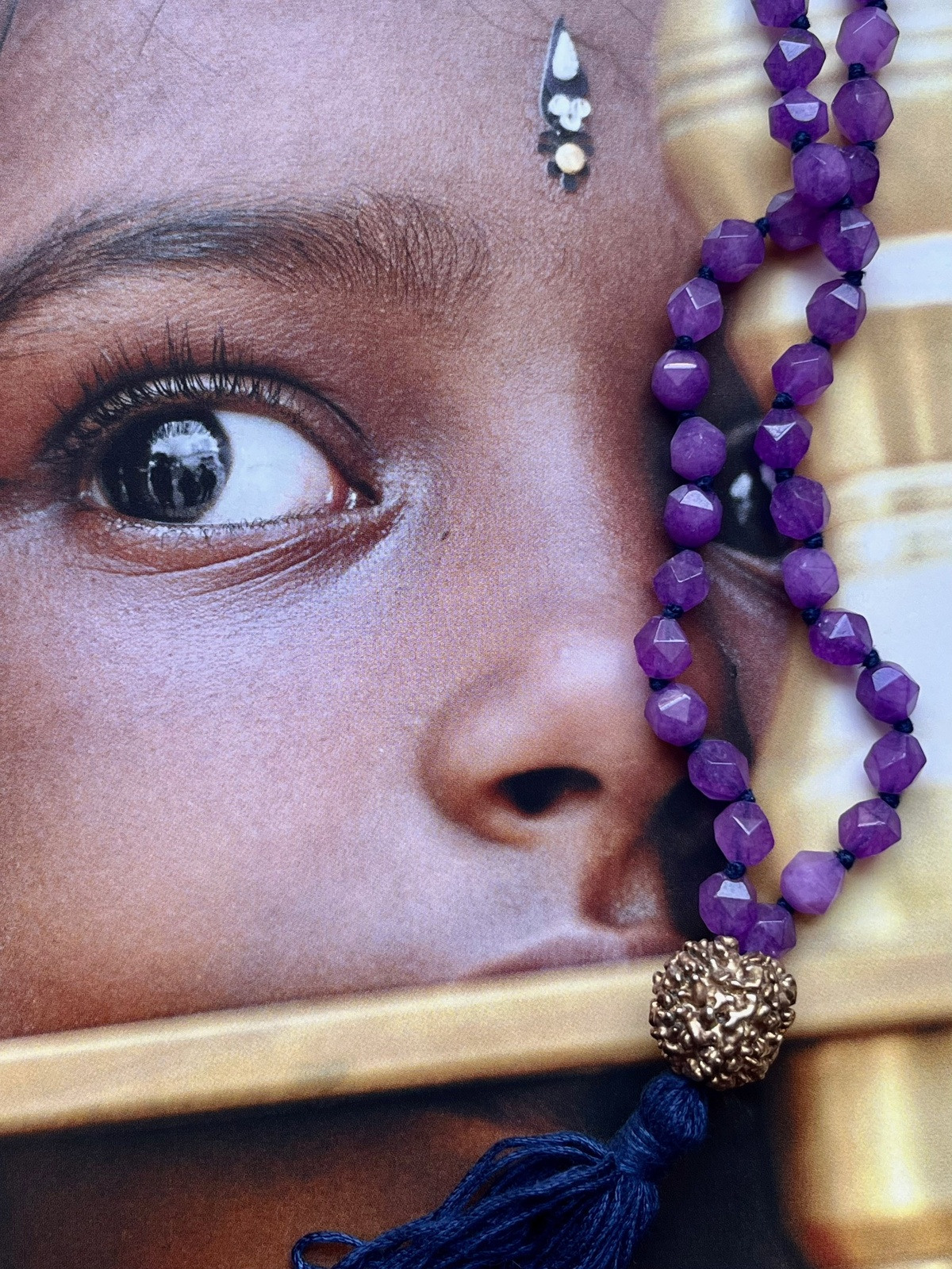 golden rudra necklace with 108 violet agate beads, blue tassel, and gold-dipped rudraksha beads, spiritual handmade jewelry from india