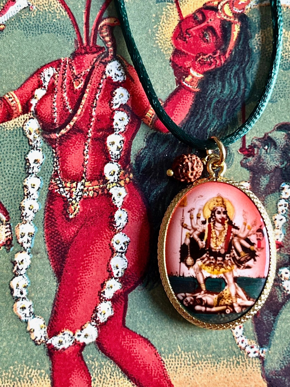 kali rudra cord necklace red pendant dark green cord