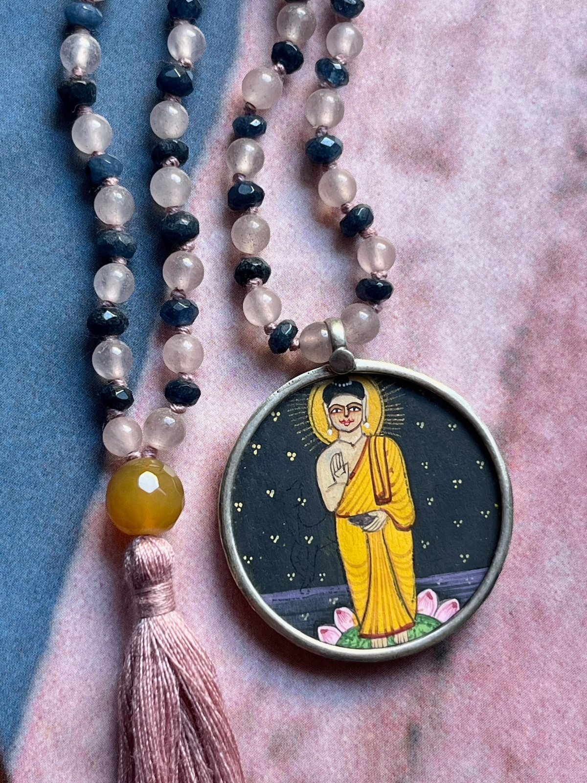 hand-painted large buddha miniature silver pendant with rose quartz and blue agate double mala