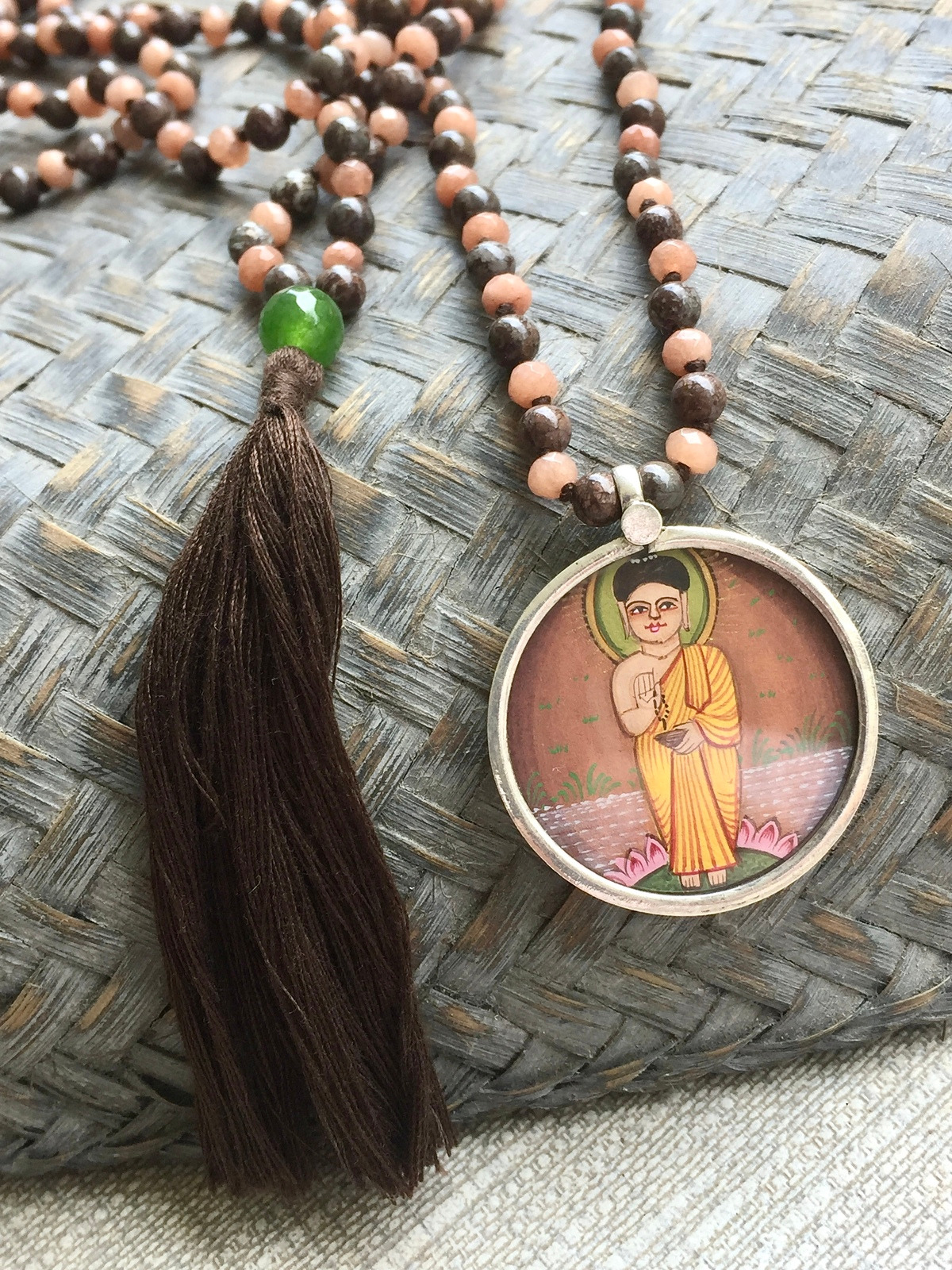 hand-painted large buddha miniature silver pendant with brown jasper and caramel agate double mala
