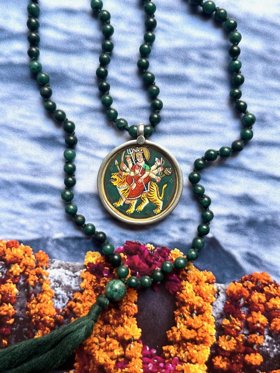 hand-painted large durga miniature silver pendant with green agate double mala