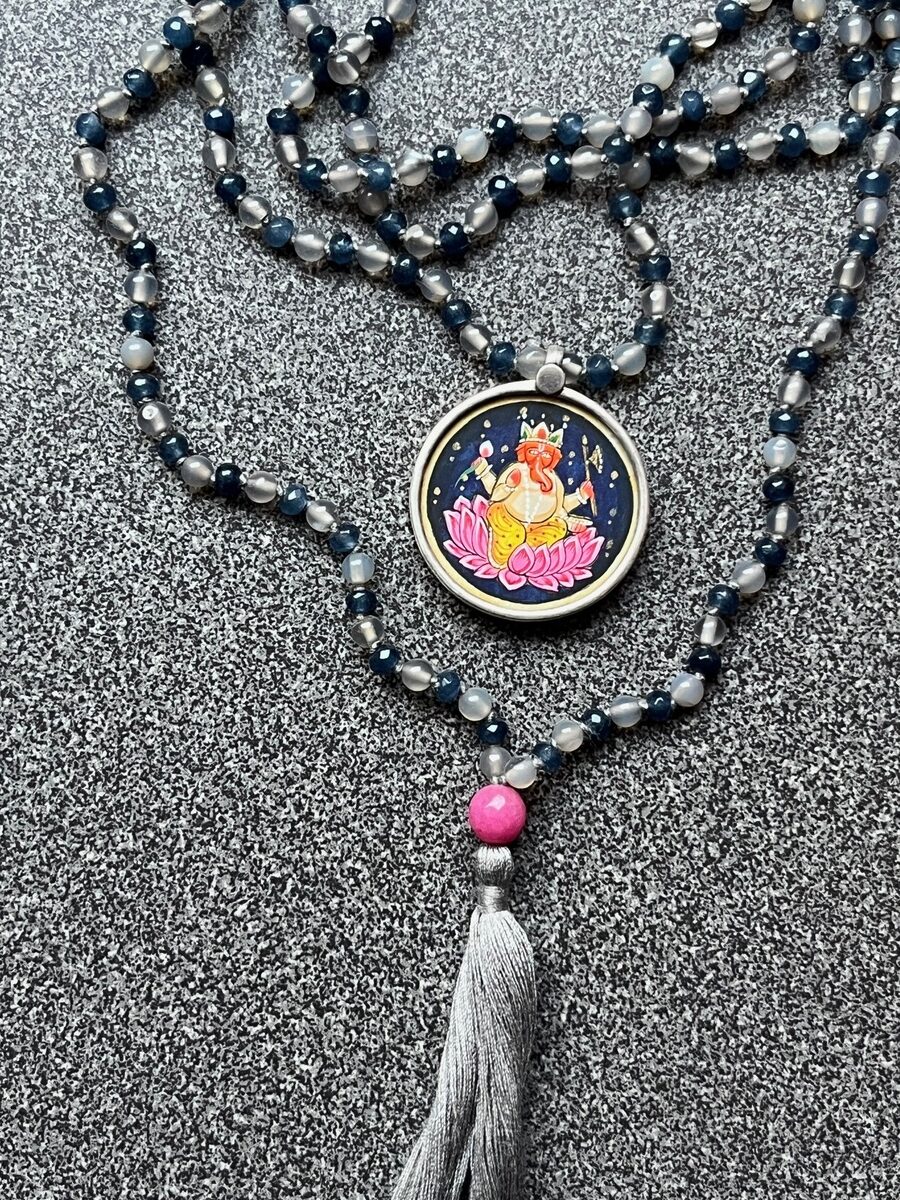 hand-painted large ganesh miniature silver pendant with blue and grey agate double mala