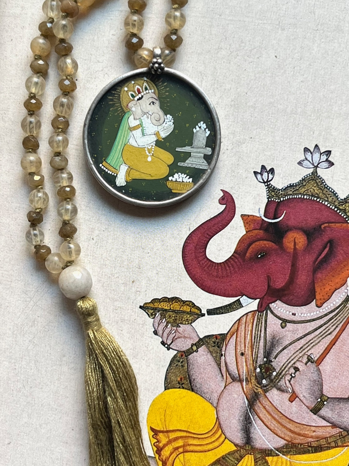 hand-painted large ganesh miniature silver pendant with yellow citrine quartz and agate double mala