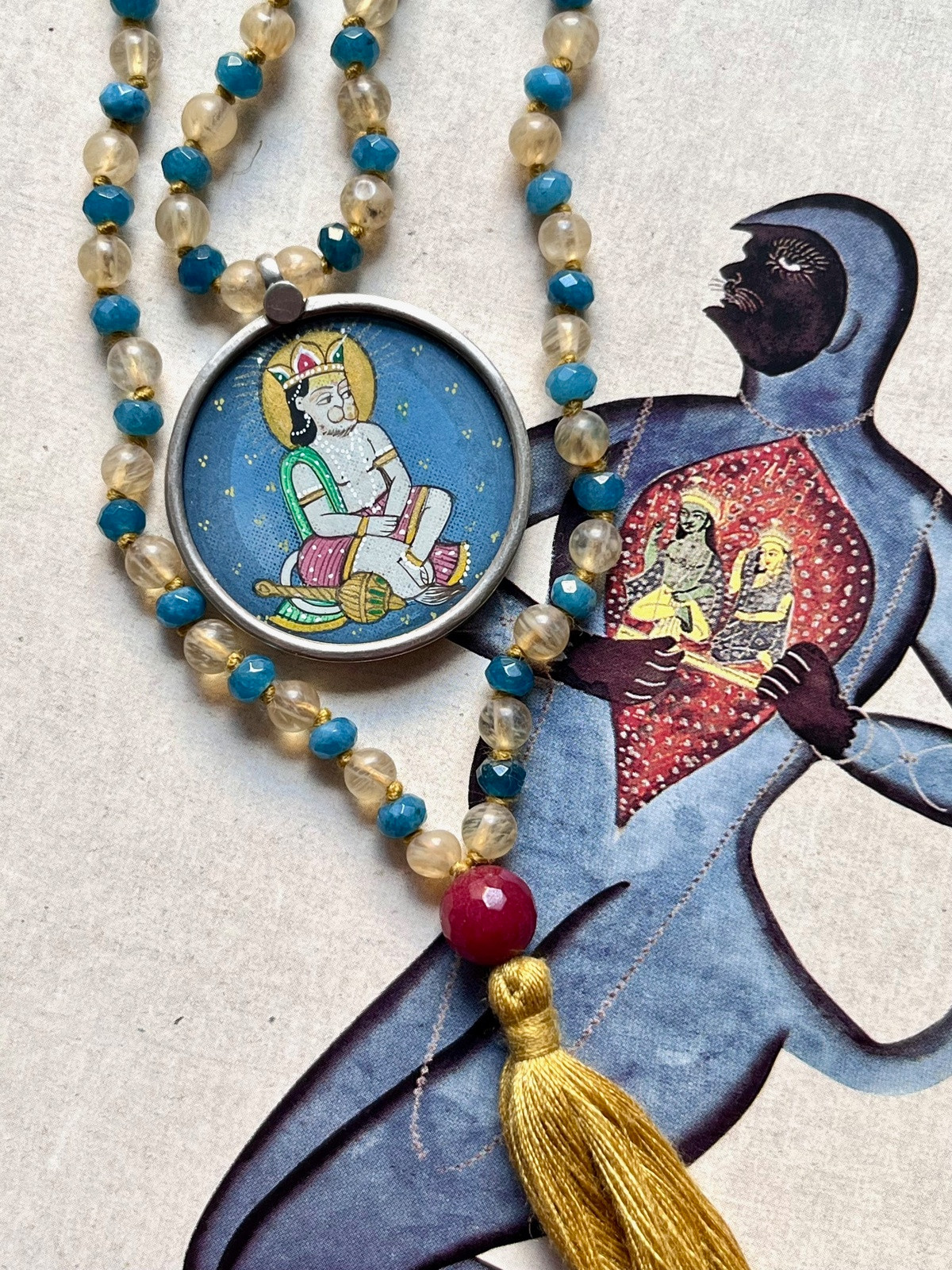 hand-painted large hanuman miniature silver pendant with yellow citrine and blue agate double mala