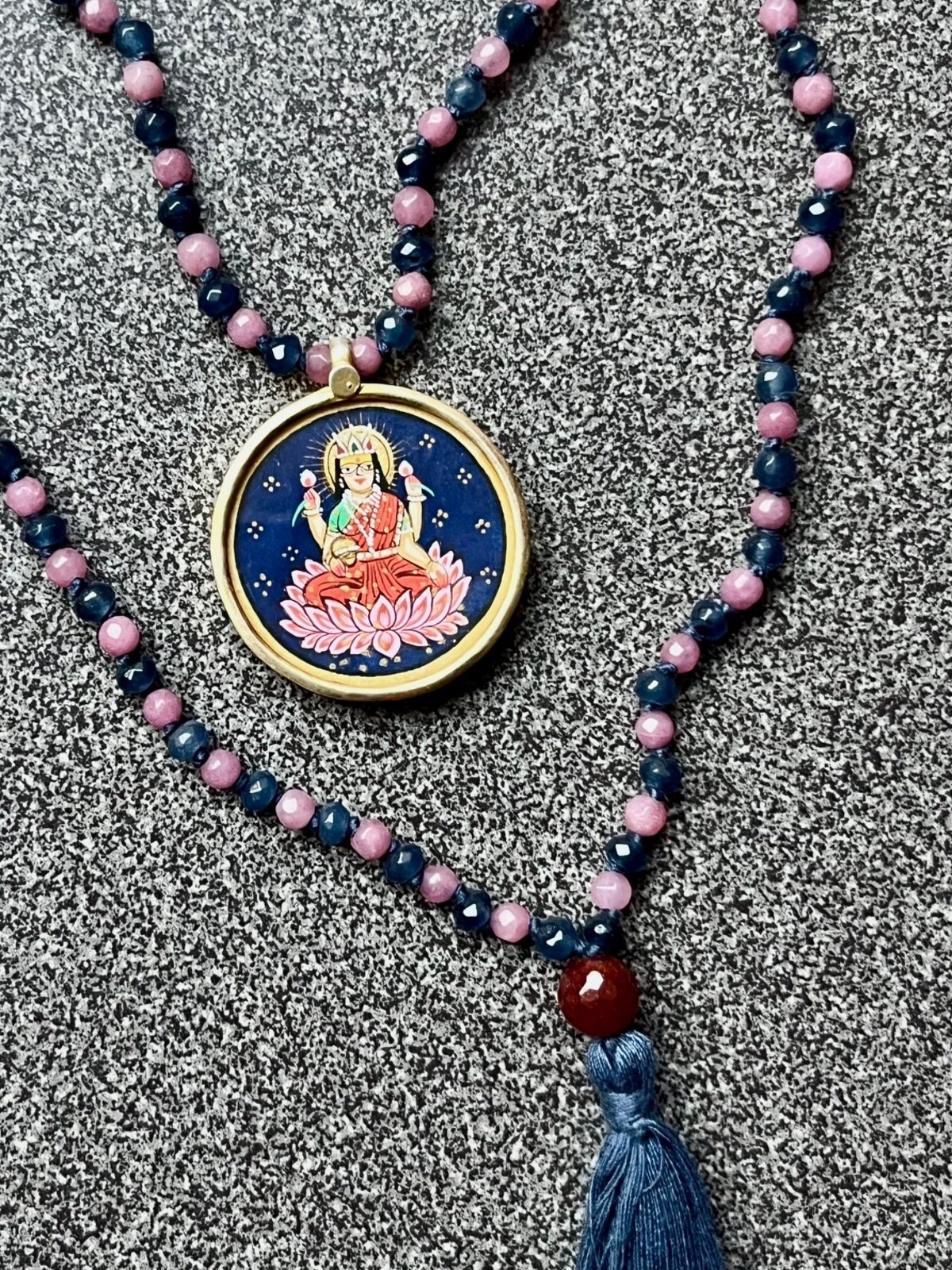 hand-painted large laxmi miniature silver pendant with pink and blue agate double mala