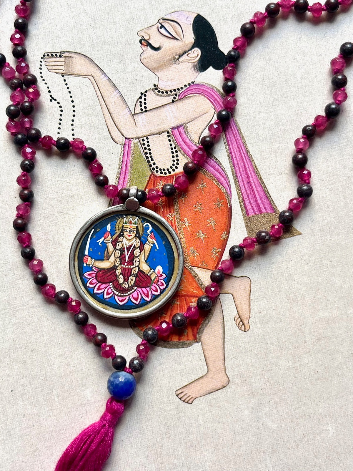hand-painted large laxmi miniature silver pendant with pink agate and brown jasper double mala