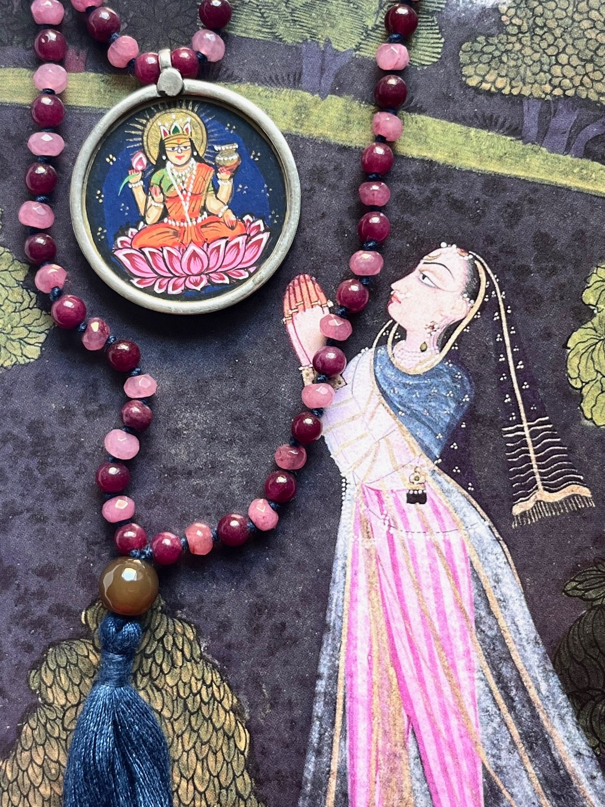hand-painted large laxmi miniature silver pendant with pink and ruby agate double mala