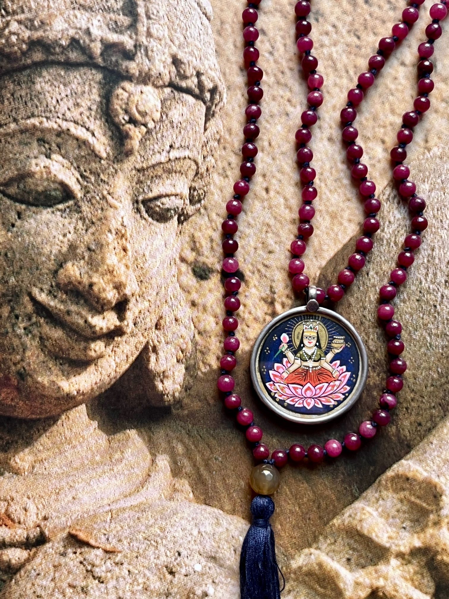 hand-painted large laxmi miniature silver pendant with ruby agate double mala