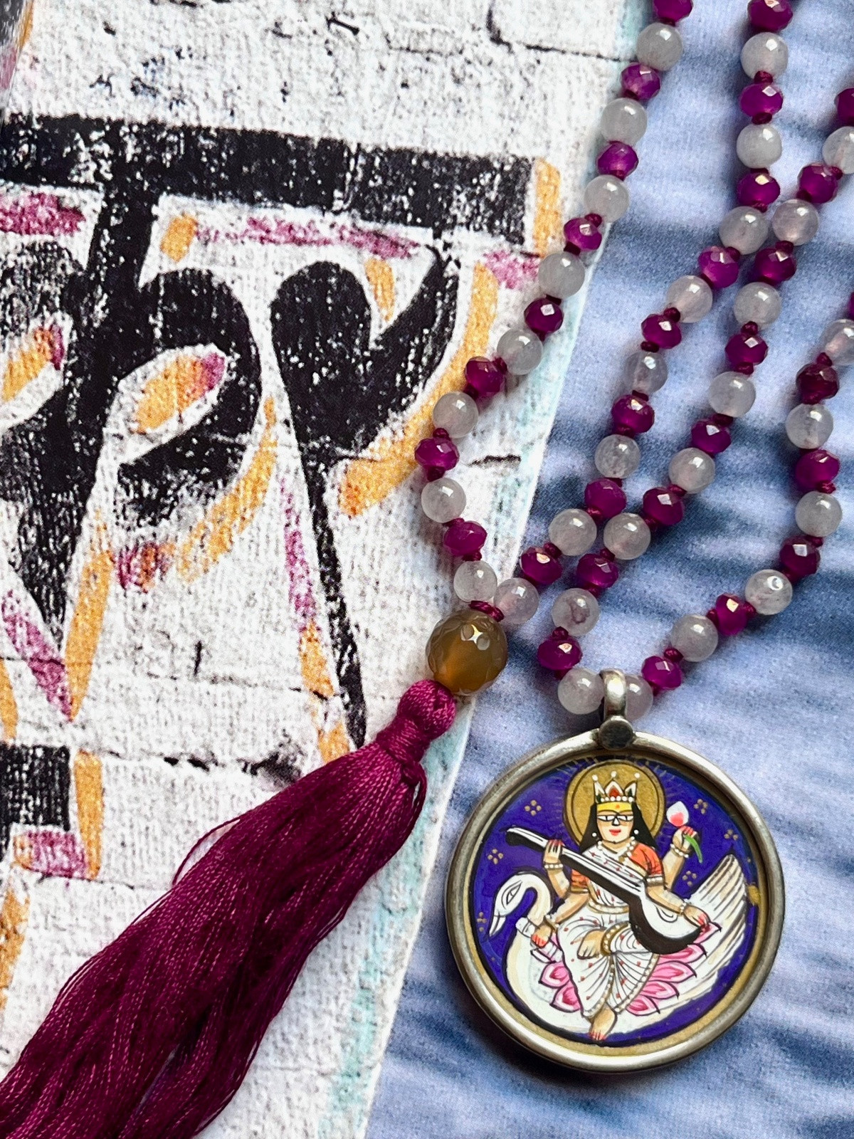 hand-painted large sarasvati miniature silver pendant with fuchsia and grey agate double mala