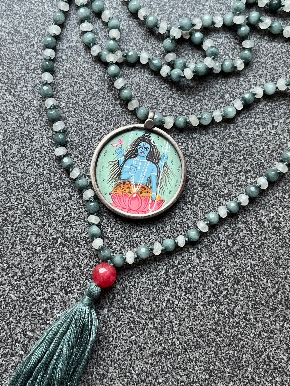hand-painted large shiva miniature silver pendant with green and grey agate double mala