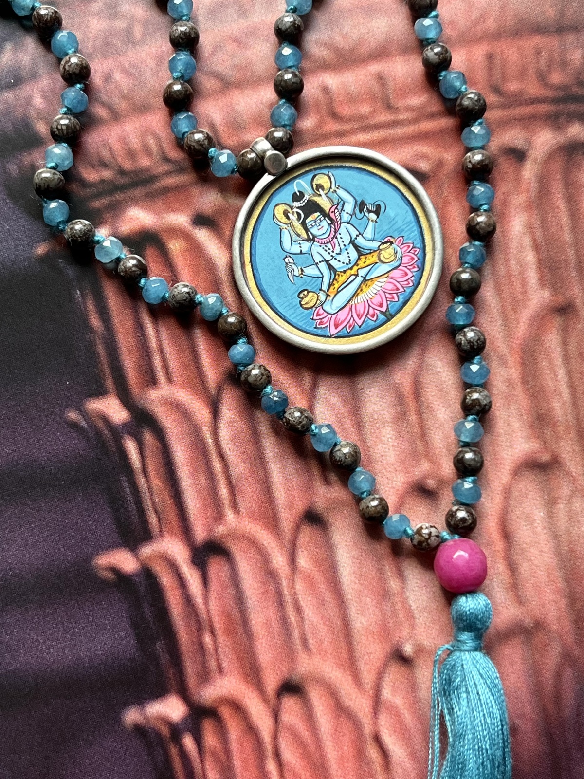 hand-painted large shiva miniature silver pendant with turquoise agate and brown jasper double mala