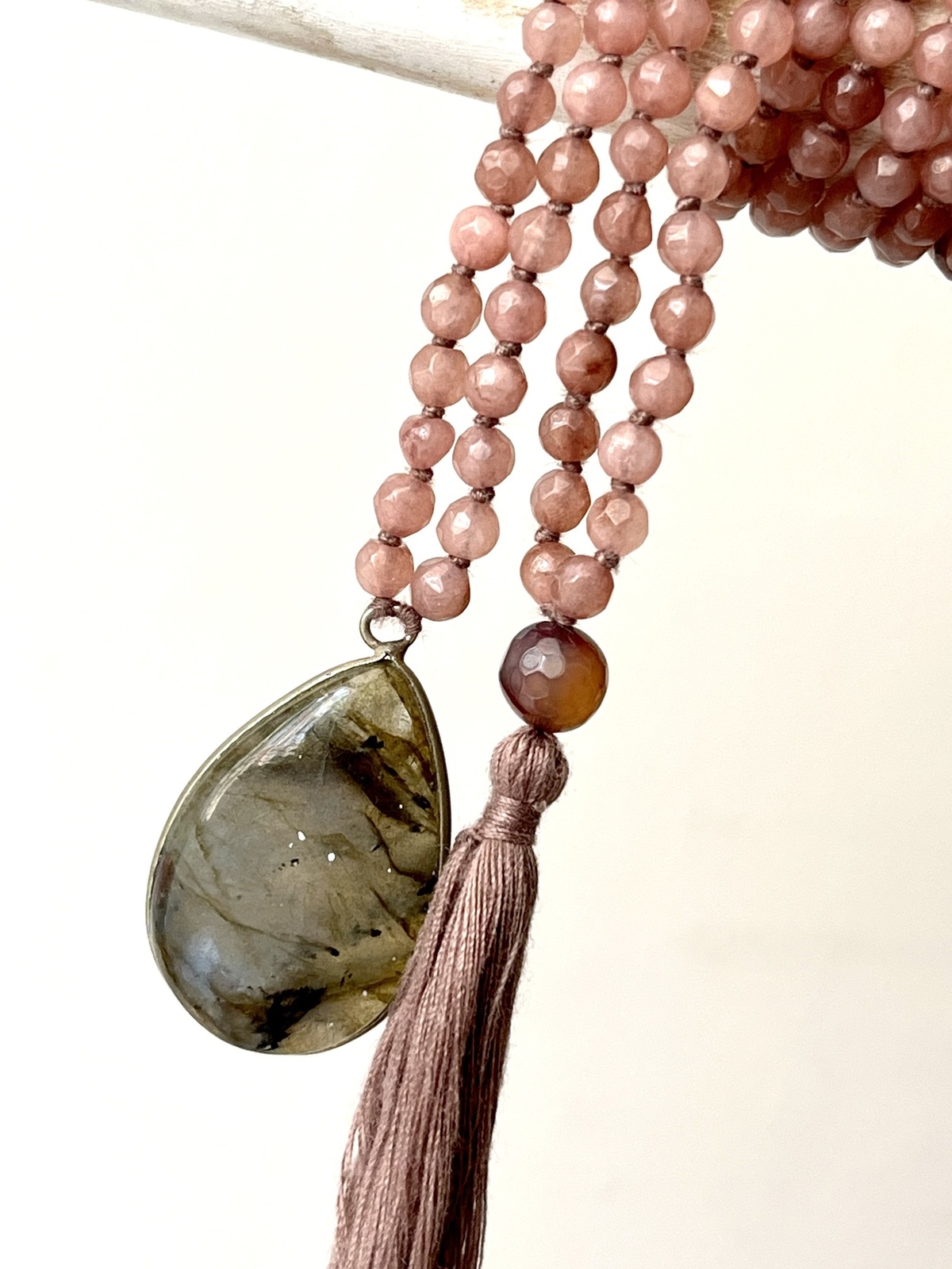 adjustable double mala necklace with hand-knotted nude agate beads and labradorite pendant, symbolizing intuition, transformation, and refined elegance